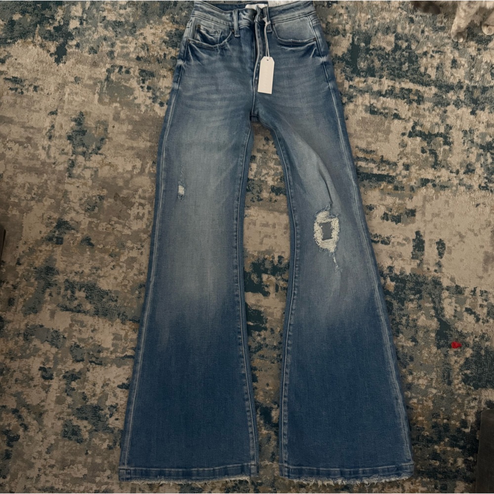Petra Fashions Blue Flare Wide Leg Jeans with Distressed Hem